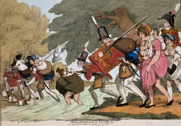 Soldados en marcha, grabado por G.M.Woodward, publicado en 1811