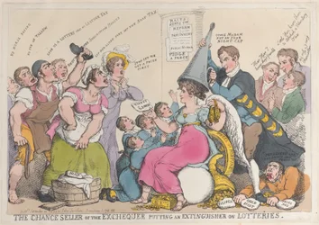 El vendedor de loterías del Exchequer poniendo un extintor en las loterías, 18 de septiembre de 1823