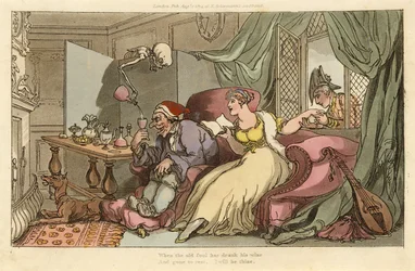 La Luna de Miel, de La Danza de la Muerte Inglesa, pub. 1816 (grabado coloreado a mano)