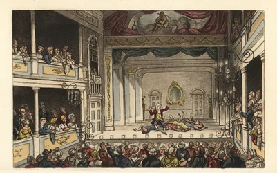 El Teatro: turistas disfrutando de una obra en el Teatro de Scarborough. Grabado en cobre coloreado a mano por Thomas Rowlandson basado en un boceto de J. Green de Poetical Sketches of Scarborough, Ackermann, Londres