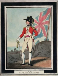 El capitán de navío, en la Royal Navy, en el siglo XVIII. Aguafuerte en colores