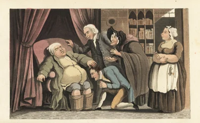 El huérfano Johnny reunido con su padre, el Dr. Syntax. El anciano tiene los pies en cubos de agua caliente para aliviar la gota. El librero, el cocinero y Betty Broom observan. Ilustración de Thomas Rowlandson de La historia de Johnny Quae Genus, el peque