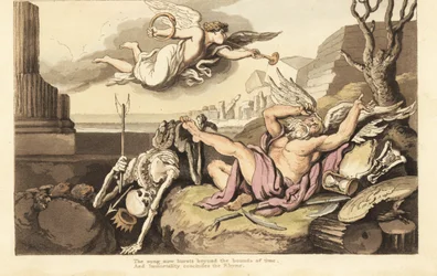 El esqueleto de la Muerte y el Padre Tiempo se extienden bajo el ángel de la Eternidad. Grabado en cobre coloreado a mano dibujado y grabado por Thomas Rowlandson de The English Dance of Death, Ackermann, Londres
