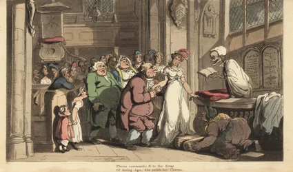 El esqueleto de la Muerte como sacerdote celebrando la boda entre una joven y un viejo feo. Grabado en cobre coloreado a mano dibujado y grabado por Thomas Rowlandson de The English Dance of Death, Ackermann, Londres