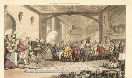 La muerte trae un plato fatal a un festín glotón en un gran salón. Grabado en cobre coloreado a mano dibujado y grabado por Thomas Rowlandson de The English Dance of Death