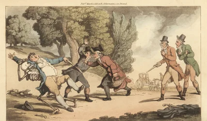 El esqueleto de la Muerte se lleva a un hombre herido antes de que el médico pueda atenderlo después de un duelo fatal con pistolas en un parque. Grabado en cobre coloreado a mano dibujado y grabado por Thomas Rowlandson de The English Dance of Death, Acke