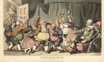 El esqueleto de la Muerte viene por un hombre enfermo mientras tres médicos charlatanes pelean, y una criada los ataca con orinales en la Guerra de la Cámara. Grabado en cobre coloreado a mano dibujado y grabado por Thomas Rowlandson de The English Dance o