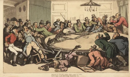 El esqueleto de la Muerte lucha con caballeros jugadores en la sala de la Suerte en un club de juego de Londres. Grabado en cobre coloreado a mano dibujado y grabado por Thomas Rowlandson de The English Dance of Death, Ackermann, Londres
