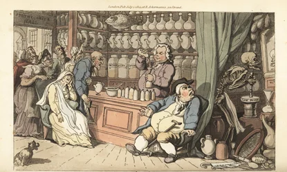 El esqueleto de la Muerte muele veneno lento en la tienda del charlatán, mientras el charlatán vierte un remedio fatal en una botella. Grabado en cobre coloreado a mano por Thomas Rowlandson de The English Dance of Death, Ackermann, Londres