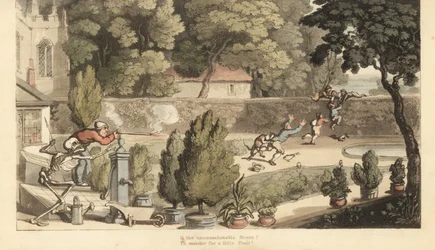El esqueleto de la Muerte ayuda a un terrateniente a apuntar con un mosquete a unos chicos que cazan furtivamente en su jardín tratando de huir sobre un muro. Grabado en cobre coloreado a mano dibujado y grabado por Thomas Rowlandson de The English Dance o