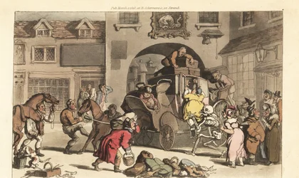 La muerte ayuda a una gran matrona a subir al último escenario fatal. Grabado en cobre coloreado a mano dibujado y grabado por Thomas Rowlandson de The English Dance of Death