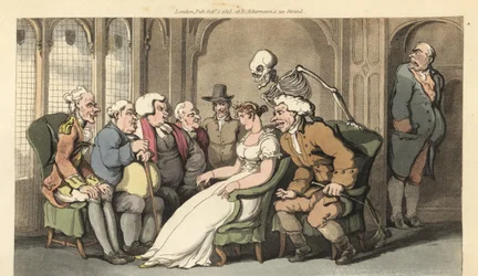 La muerte se une a un grupo de pretendientes para la bella heredera Belinda, y derrota al abogado, doctor, párroco, cuáquero, coronel y baronet por el premio. Grabado en cobre coloreado a mano dibujado y grabado por Thomas Rowlandson de The English Dance o