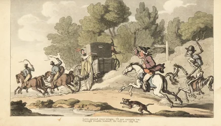 El esqueleto de la Muerte se une a un padre iracundo mientras intenta detener a su única hija que se fuga con un soldado en una diligencia a Gretna Green. Grabado en cobre coloreado a mano dibujado y grabado por Thomas Rowlandson de The English Dance of De