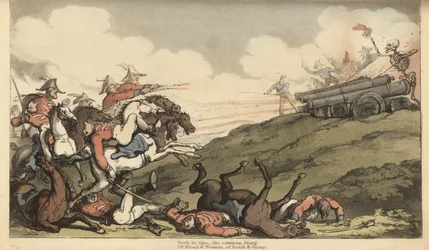 El esqueleto de la Muerte lanza una andanada de fuego de cañón a una carga de caballería inglesa. Grabado en cobre coloreado a mano dibujado y grabado por Thomas Rowlandson de The English Dance of Death, Ackermann, Londres