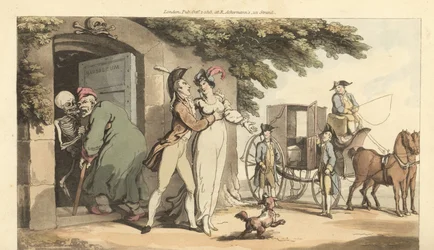 El esqueleto de la Muerte lleva a un anciano a un mausoleo, dejando a su joven viuda libre para volver a casarse. Grabado en cobre coloreado a mano dibujado y grabado por Thomas Rowlandson de The English Dance of Death, Ackermann, Londres