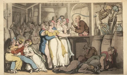 La muerte vierte vitriolo y agua fuerte en los barriles de una taberna. Varias bellezas beben en el bar, mientras sus víctimas caen muertas cerca de los barriles. Grabado en cobre coloreado a mano dibujado y grabado por Thomas Rowlandson de The English Dan