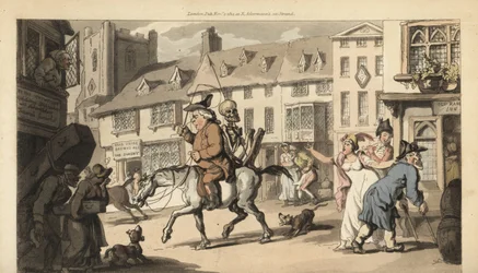 El esqueleto de la Muerte cabalga en un caballo con un médico charlatán, mientras solo el enterrador del pueblo lamenta su muerte. Grabado en cobre coloreado a mano dibujado y grabado por Thomas Rowlandson del libro The English Dance of Death, Ackermann, L