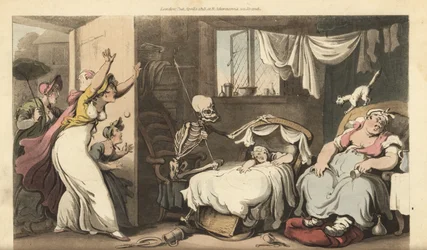 El esqueleto de la Muerte mece la cuna de un bebé mientras la niñera duerme y la madre angustiada llega a casa. Grabado en cobre coloreado a mano dibujado y grabado por Thomas Rowlandson de The English Dance of Death, Ackermann, Londres