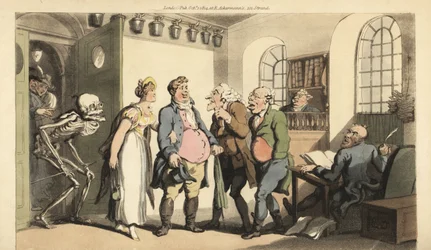 La muerte sorprende a Ned Freeman mientras visita la oficina de seguros, dejando a su viuda con una gran suma. Grabado en cobre coloreado a mano dibujado y grabado por Thomas Rowlandson de The English Dance of Death