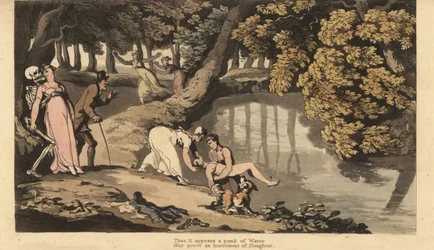 La muerte se lleva a la madre mientras presencia el cuerpo sin vida de su hijo (grabado de Thomas Rowlandson)
