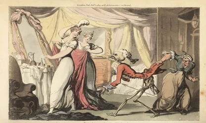 El esqueleto de la Muerte con su reloj de arena viene por una bella coqueta en su dormitorio mientras se viste para un baile por sus sirvientes. Grabado en cobre coloreado a mano dibujado y grabado por Thomas Rowlandson de The English Dance of Death, Acker