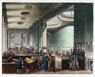 La sala de suscripción de Lloyd of London, una compañía de seguros que comenzó a operar en la cafetería de Edward Lloyd (fallecido en 1713), en Tower Street, Londres, Inglaterra, en el siglo XVII.