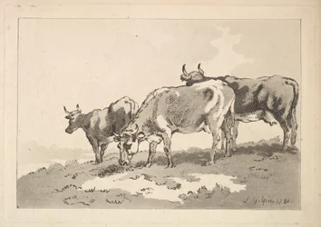 Tres vacas de pie en la cresta de un campo, 1784-87