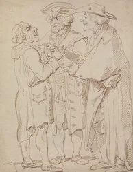 Tres figuras de cuerpo entero de hombres hablando