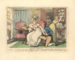 Dos amantes en un salón perturbados por sirvientas entrometidas
