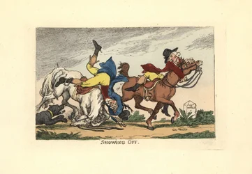Dos hombres cayendo de sus caballos después de presumir.