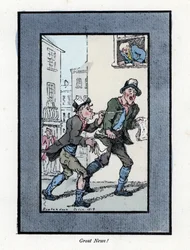 Dos vendedores de periódicos con largos silbatos vendiendo periódicos en una calle de Londres