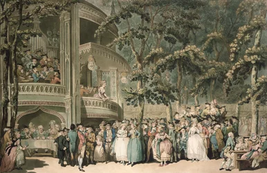 Vauxhall, grabado por Robert Pollard y aquatintado por Francis Jukes, pub. por John Raphael Smith, 1785