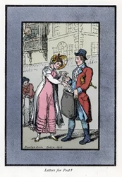 Mujer pagando y poniendo una carta en una bolsa llevada por un empleado de la Oficina de Correos Real Británica. Grabado en madera, basado en una pintura de Thomas Rowlandson (1756-1827), publicado en The Cries of London: con seis encantadores niños y casi