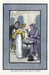 Mujer vendiendo jarras, teteras y cuencos en una esquina. Una joven elegante mira los productos. Grabado en madera, basado en una pintura de Thomas Rowlandson (1756-1827), publicado en The Cris of London: con seis encantadores niños y casi 40 ilustraciones