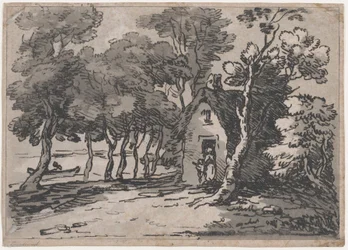 Escena boscosa con figuras en la puerta de una cabaña, 1783-88