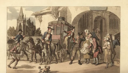 Joven caballero inglés llegando a una casa de correos francesa