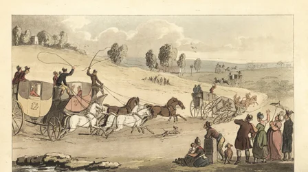 Jóvenes caballeros ingleses corriendo carruajes de cuatro caballos en una carretera