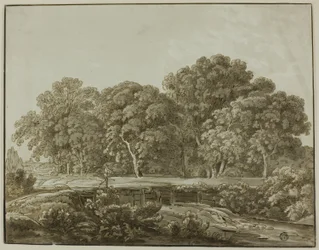 Paisaje con figura cruzando puente sobre arroyo