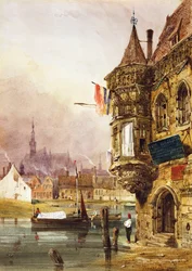 Una figura junto a un edificio, Gante, con barcazas en el río Leye más allá, 1833