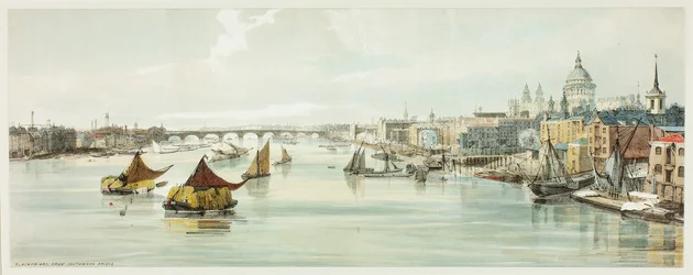 Blackfriars, desde el puente de Southwark, lámina seis de Vistas originales de Londres tal como es
