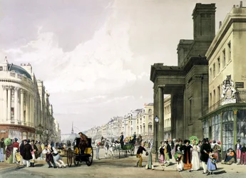 Regent Street mirando hacia el Cuadrante con la Capilla de Hanover en primer plano y compradores paseando, 1842