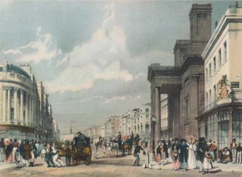 Vista de Regent Street mirando hacia el Cuadrante con la Capilla de Hanover en primer plano, 1842