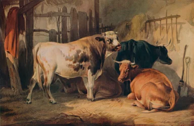 Un toro y tres vacas en un establo, hacia 1856