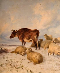 Vacas y ovejas en paisaje nevado, 1864