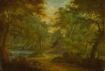 Un paisaje boscoso con un arroyo y un pescador