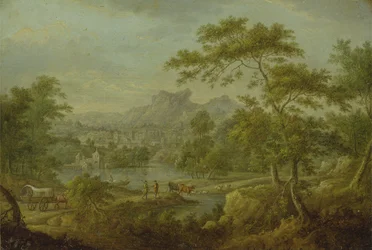 Un paisaje imaginario con un carro y una vista distante de una ciudad