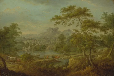 Un paisaje imaginario con un vagón y una vista lejana de una ciudad