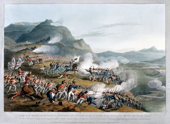 Una vista de la Sierra de Busaco en San Antonio de Cantaro, mostrando el ataque del Mariscal Reigniers, grabado por Charles Turner, publicado en 1812