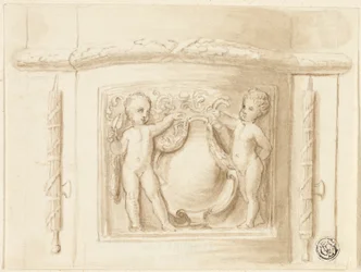 Base de pilastra con relieve, con 2 putti, escudo