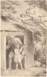 Pedro y sus hijos visitados por tres figuras voladoras